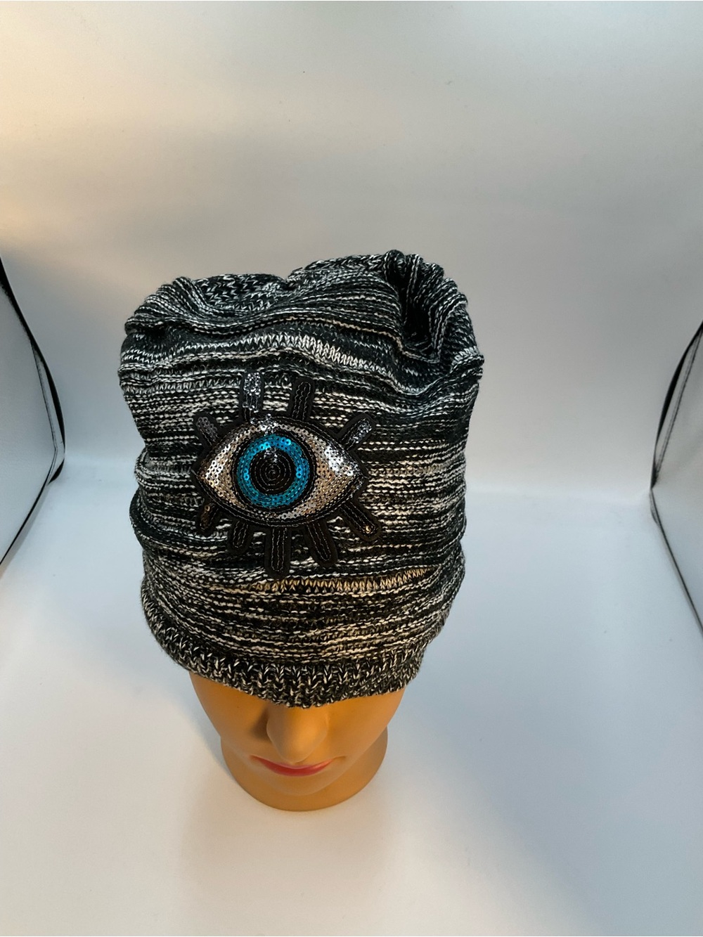 Black and Gray Knit Beanie with Blue Eye Sequin Accent